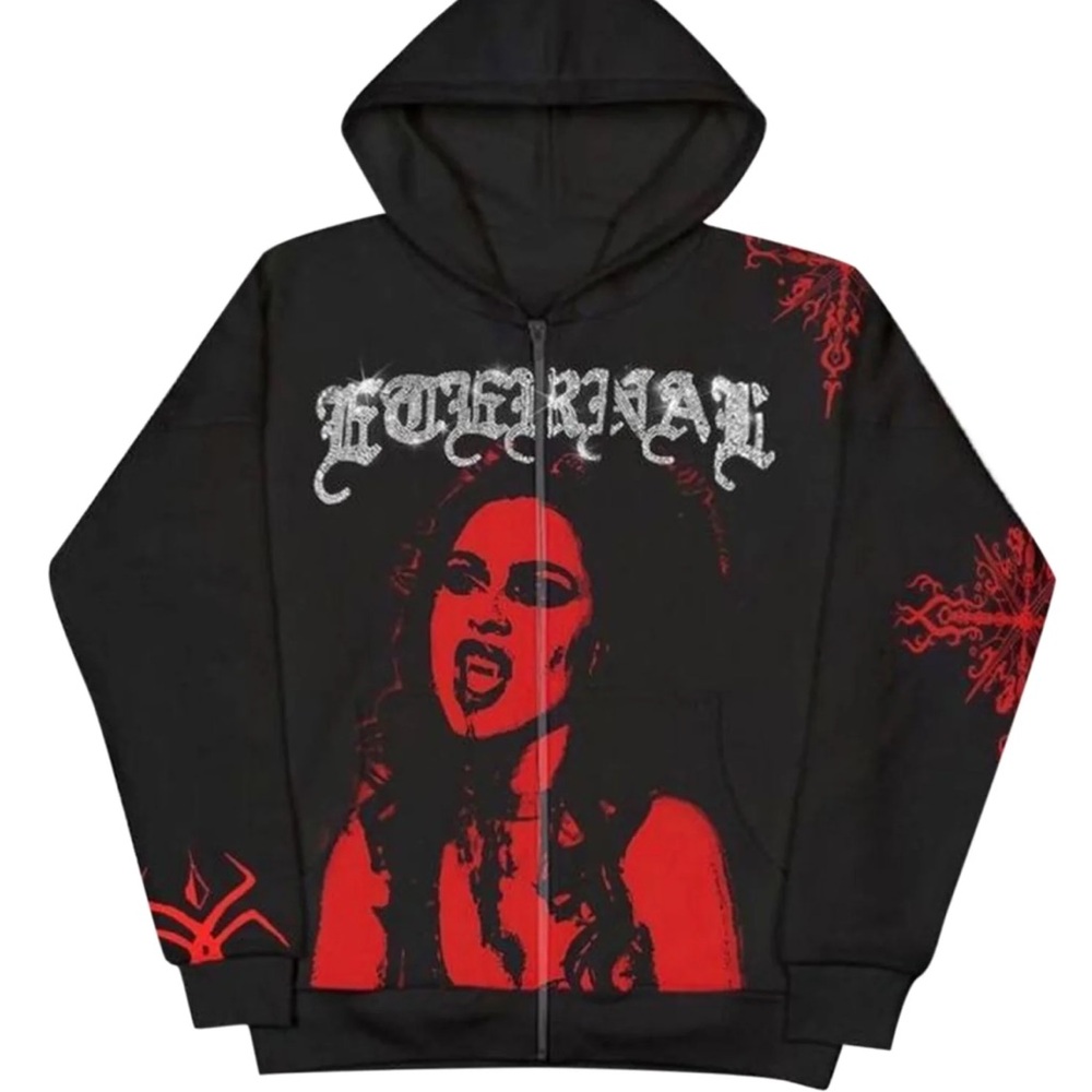 Qyilii Dragon Black and Red Graphic Vamite rhinestone Hoodie streetwear xl #449